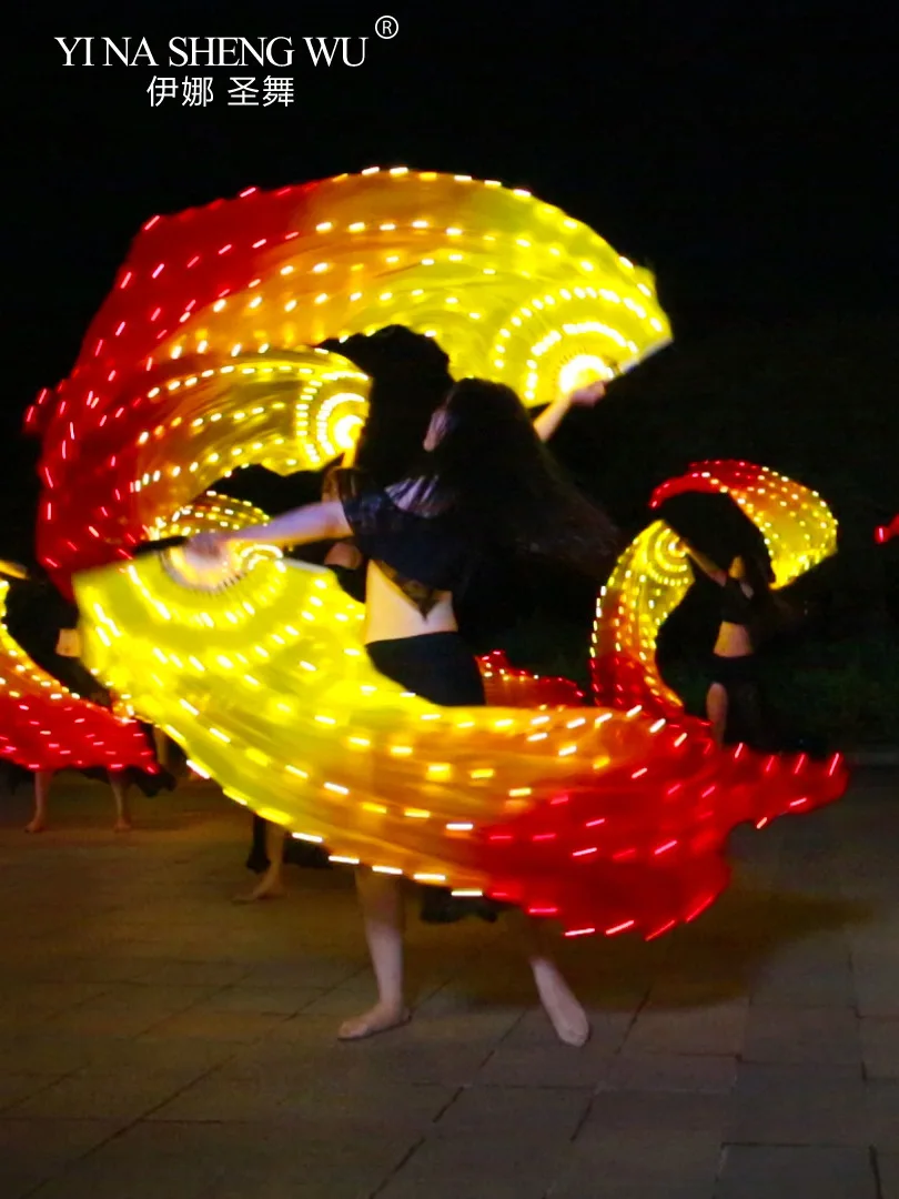 Akumulatorowe wachlarze LED z prawdziwego jedwabiu, jednoczęściowe, jedna para, praworęczne, leworęczne, 180 cm, akcesoria do tańca brzucha na scenę.