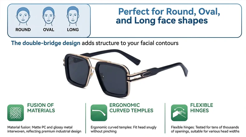 Übergroße Steampunk Quadratische Sonnenbrille für Herren, Luxusmarke 2026, Vintage Outdoor-Fahrsonnenbrille, Trendige Doppelbrücken-Sonnenbrille – Detail 5