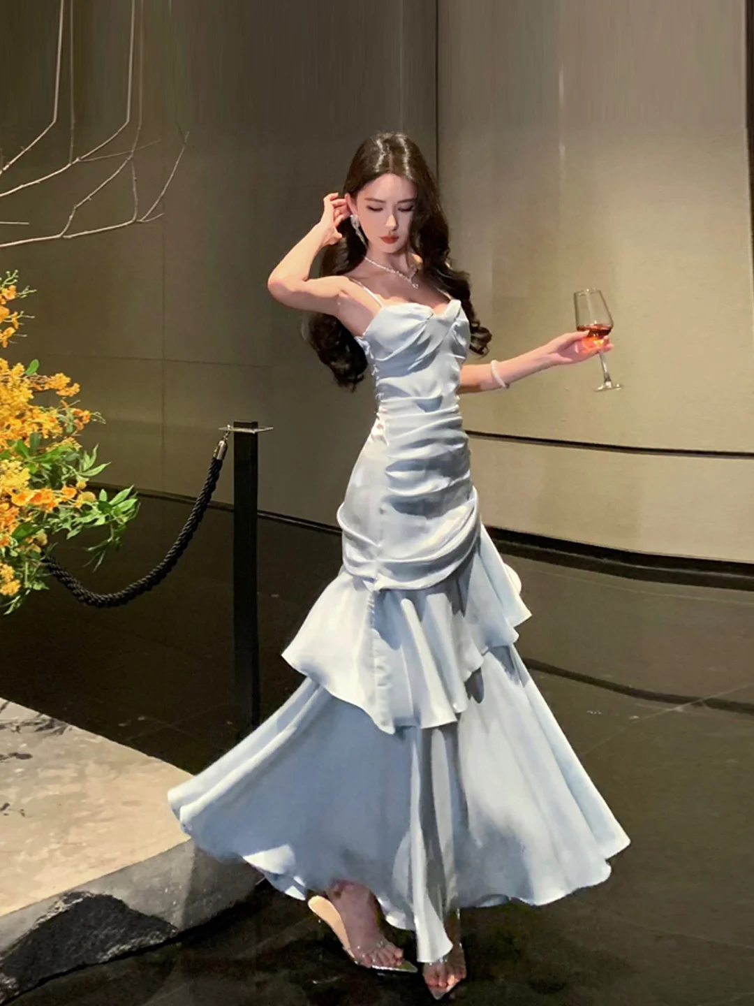 Robe de sirène Ele avec garniture en dentelle, robe de bal à bretelles pour femmes, taille haute amincissante, longue, parfaite pour les mariages et les soirées