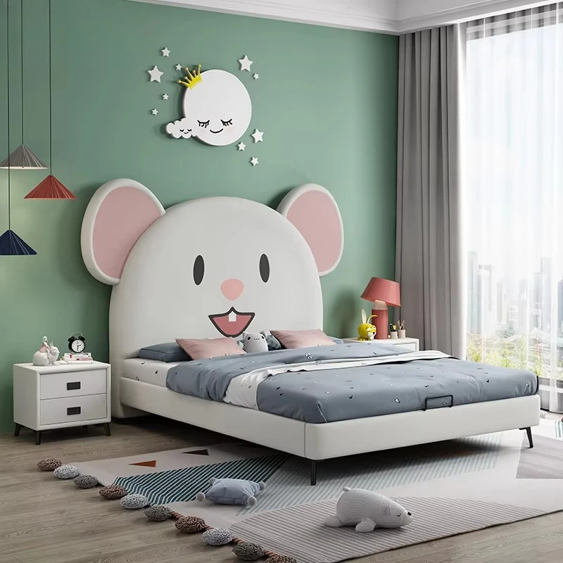 Modern Leather Children Bed Girl White Mouse Design Cartoon Kid Bed Boy