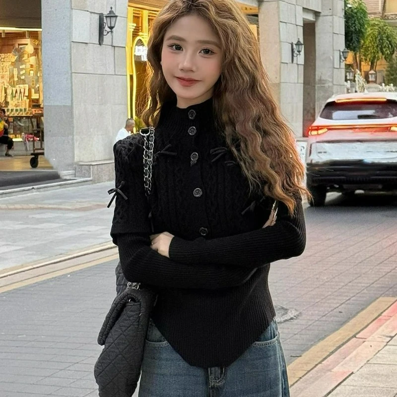 

Christmas New Year Red Bow High-neck Twisted Sweater Women Cape Shawl Patchwork Fake Two-piece Knitted Top 2026 Autumn/winter