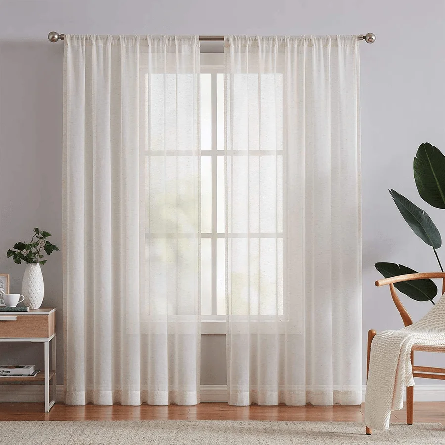 Modern Lightweight Japanese Linen Style White Semi-Transparent Sheer Curtain 1/2 Panels for Living Room Bedroom Homestay