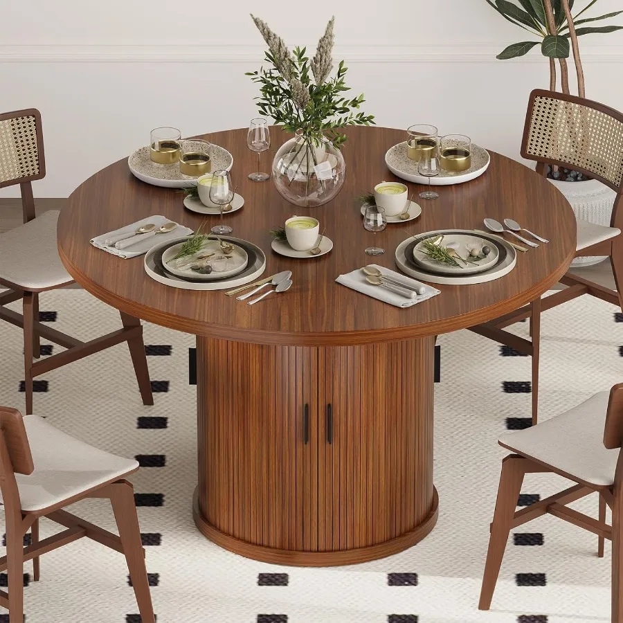 47 ih Round Dining Table for 4 Circle Kitchen Table with Wood Strip Base and 2Layer Storage Shelf Modern Farmhouse Dinner Table