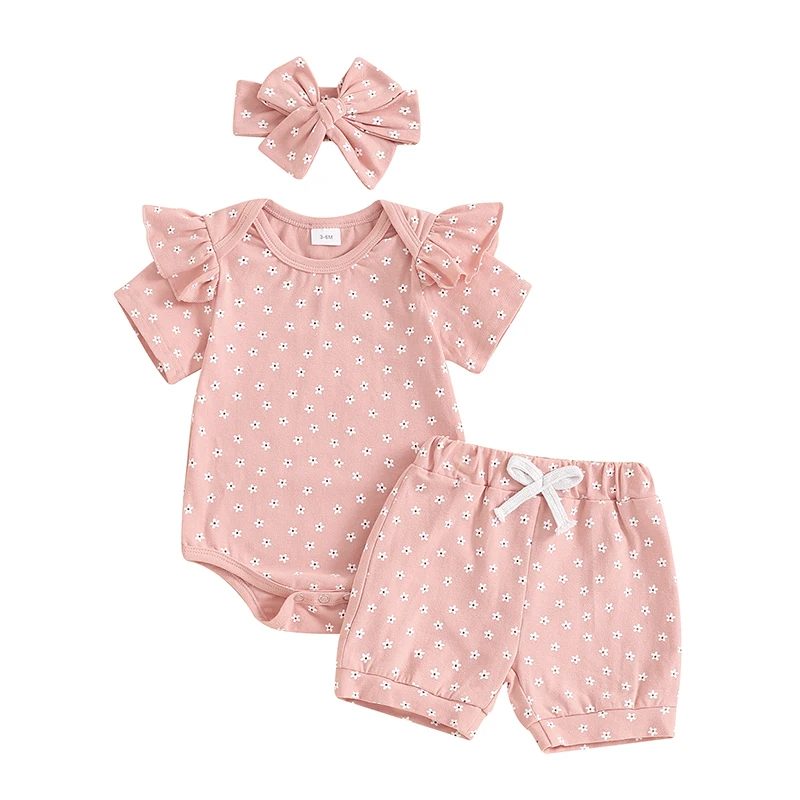 

Baby Girl Clothes Summer Floral Outfit Ruffle Short Sleeve Romper Tops Shorts Headband 3Pcs Set