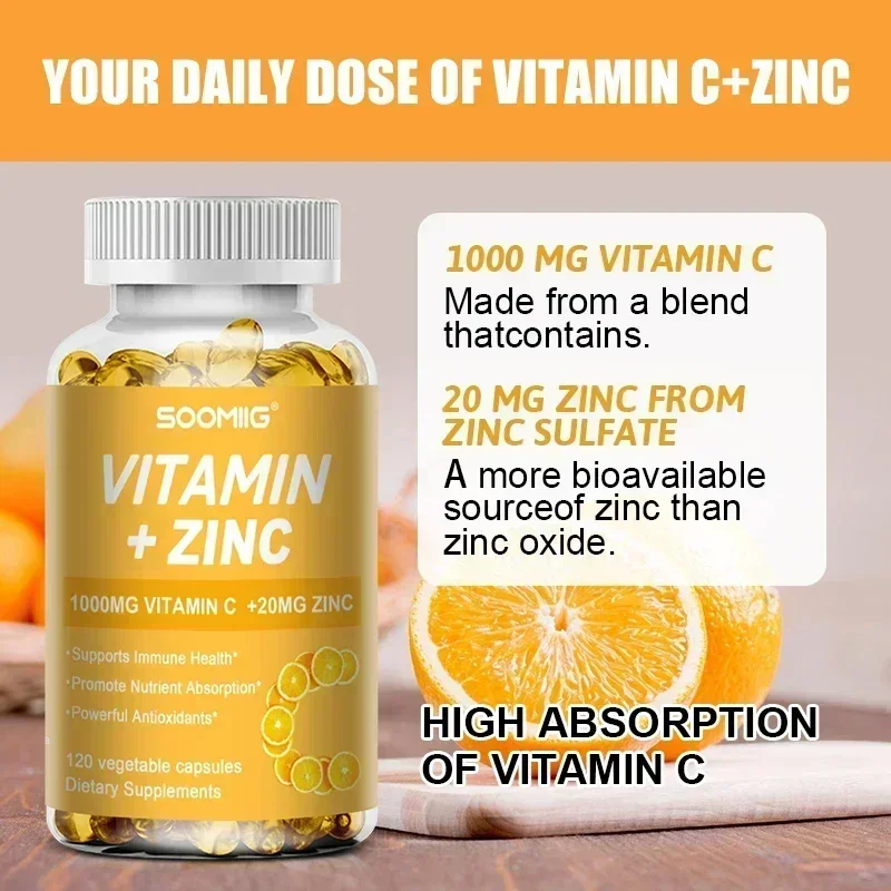 Vitamin C + Zinc, 1000 mg Vitamin C and 20 mg Zinc, Immune Support Dietary Supplement, Improves Nutrient Absorption, Antioxidant