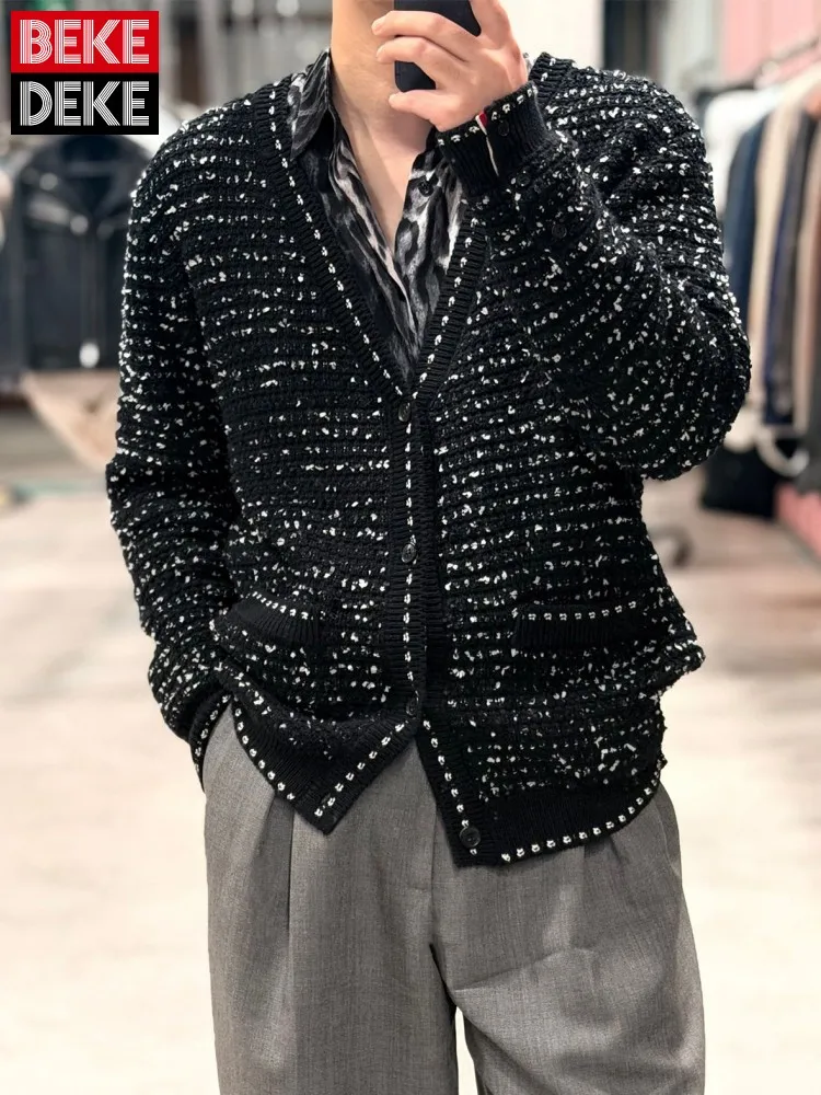 

High Quality Men V-Neck Cardigan Jacket Casual Single Breasted Knitted Jackets Loose Long Sleeve Outerwear Fashion Knitwear Coat