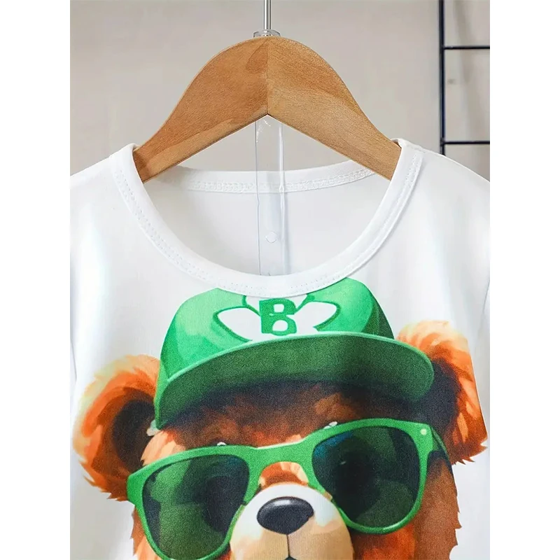 2024 Fashion Men\'s Set Print Cute Bear Oversized Men\'s Loose Top Summer Casual Breathable Refreshing Short Sleeve Shorts