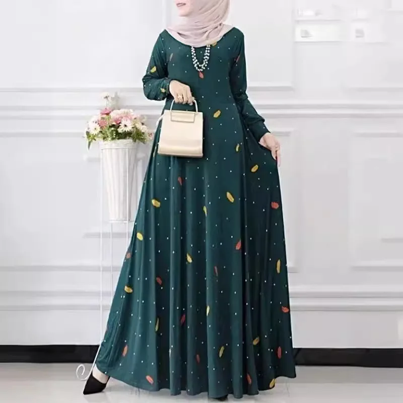 Muslim Leaf Pattern Long Sleeve Dress for Women Casual Bohemian Polka Dot Print Holiday Muslim Dress Full Length Abayas Dubai