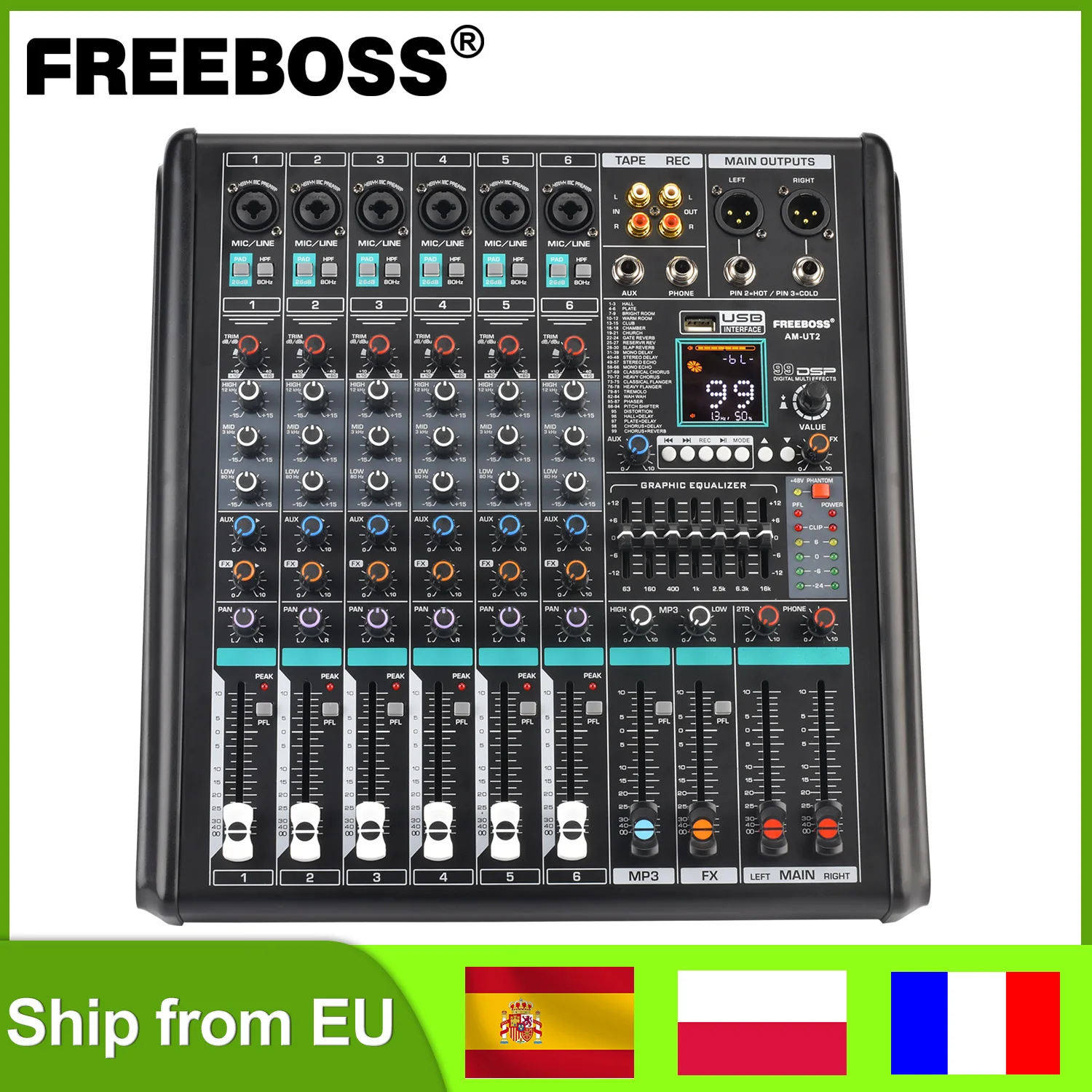 FREEBOSS 6 Mono Channel Mixing Console 99 DSP Effect Bluetooth Audio Table 7 Band EQ Monitor USB Record Sound Mixer Desk AM-UT2