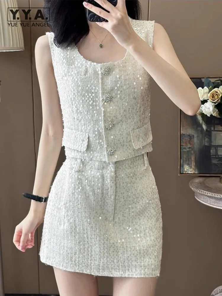 

Hot Sale Women Sleeveless Sequins Shiny Sets Fashion Summer Up-Market Tweed Two-Piece Set Sweet Work Lady O-Neck Elegant Outfit
