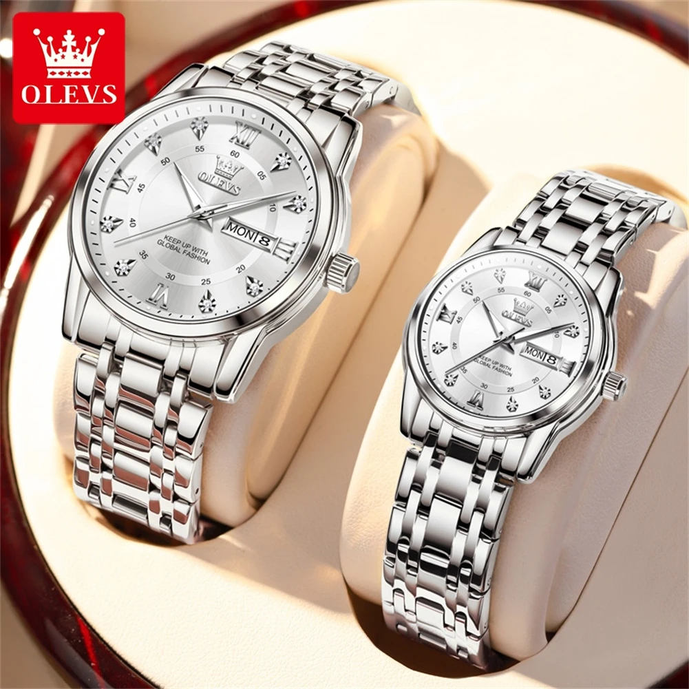 Olevs 5513 Paar Uhren set Männer und Frauen Silber Edelstahl wasserdichte Liebhaber Quarz Armbanduhr Luxusmarke Original uhr