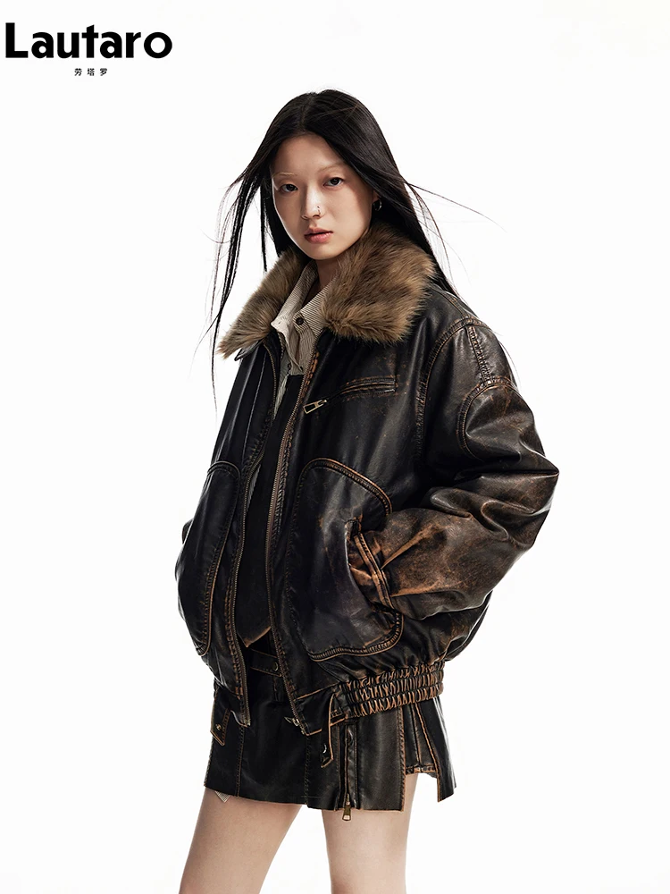 Lautaro Wiosna Jesień Cool Handsome Vintage Distressed Brown Pu Leather Jacket Women Faux Fur Collar Luxury Designer Clothing