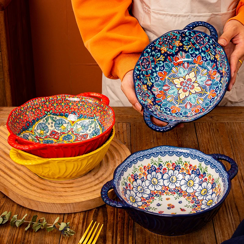 8in Ceramic Soup Bowl Double-Ear Soup Bowl Household Good-looking Salad Large Bowl Popular Restaurant Tableware Ramen Soup Bowl