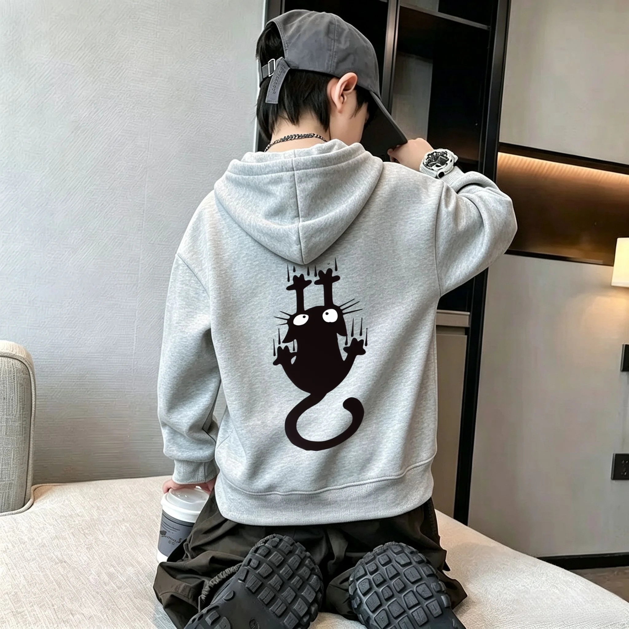 Autumn/Winter New Children's Hooded Sweater -Cool Design - Cat Graffiti Print - Long-Sleeved Loose Hooded Top for Boys and Girls