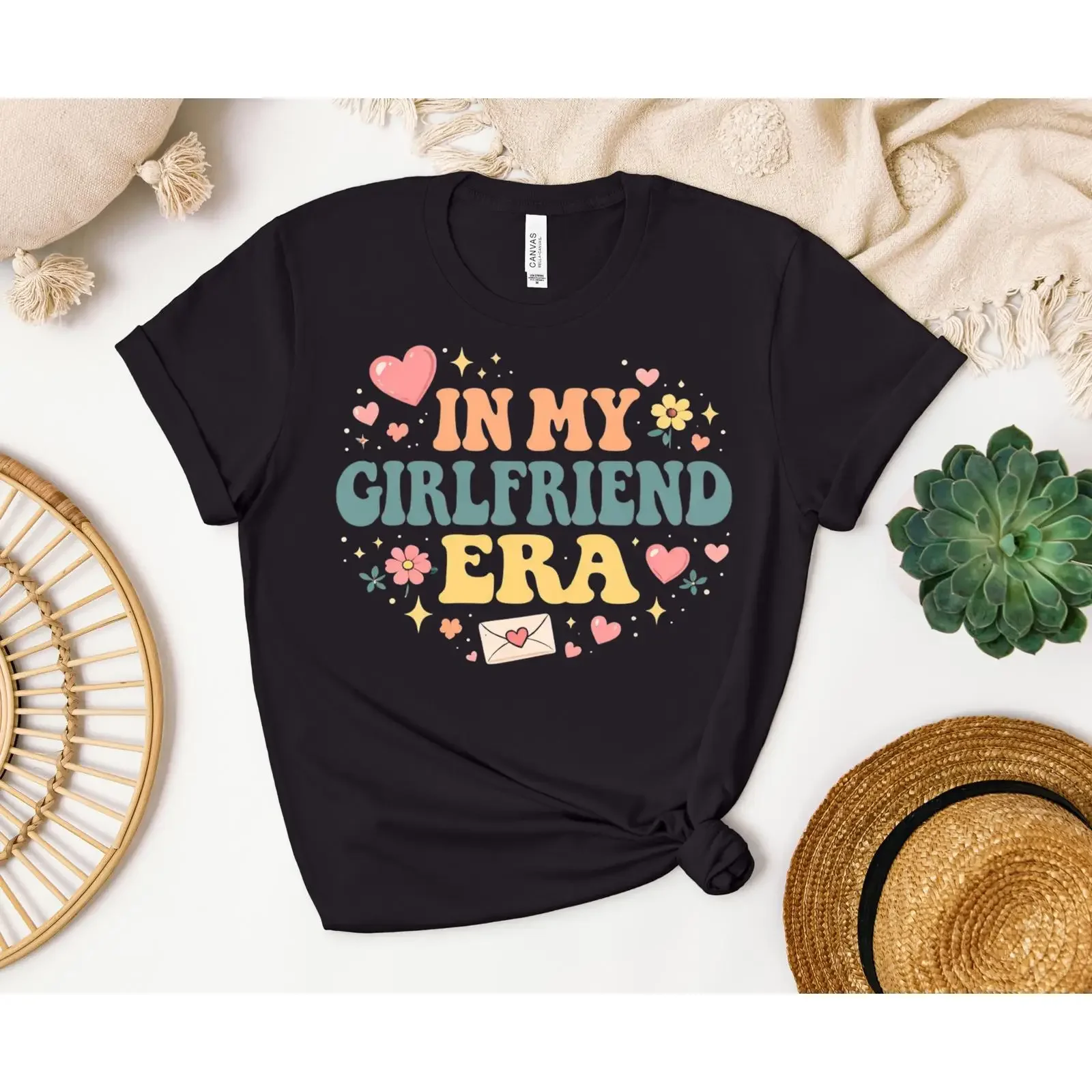 In My Girlfriend Era T Shirt Cute Heart Floral Anniversary for Her Couples vintage Washed Comfortable Slightly Breathable
