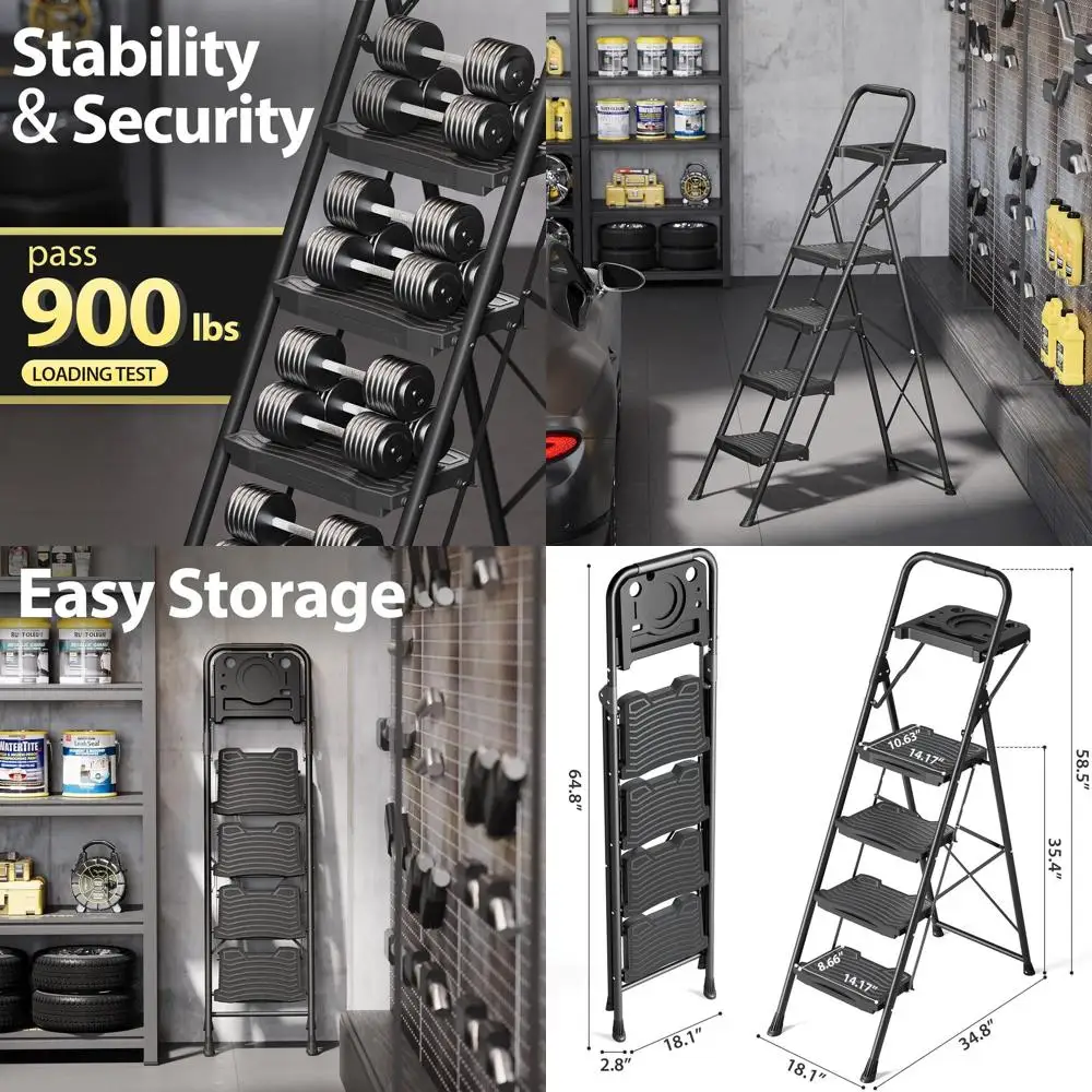 

Heavy-Duty 4-Step Ladder with Tool Tray, Wide Anti-Slip Treads, Folding Design, Supports 900lbs, Ideal for Home, Workshop, Garde