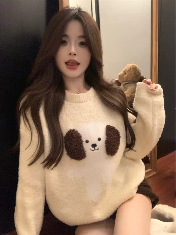 

Cute Little Dog Plush Knit Sweater Thickened Autumn Winter New Style Loose Fit Lazy Small Size Embroidered Warm Cotton Blend ...