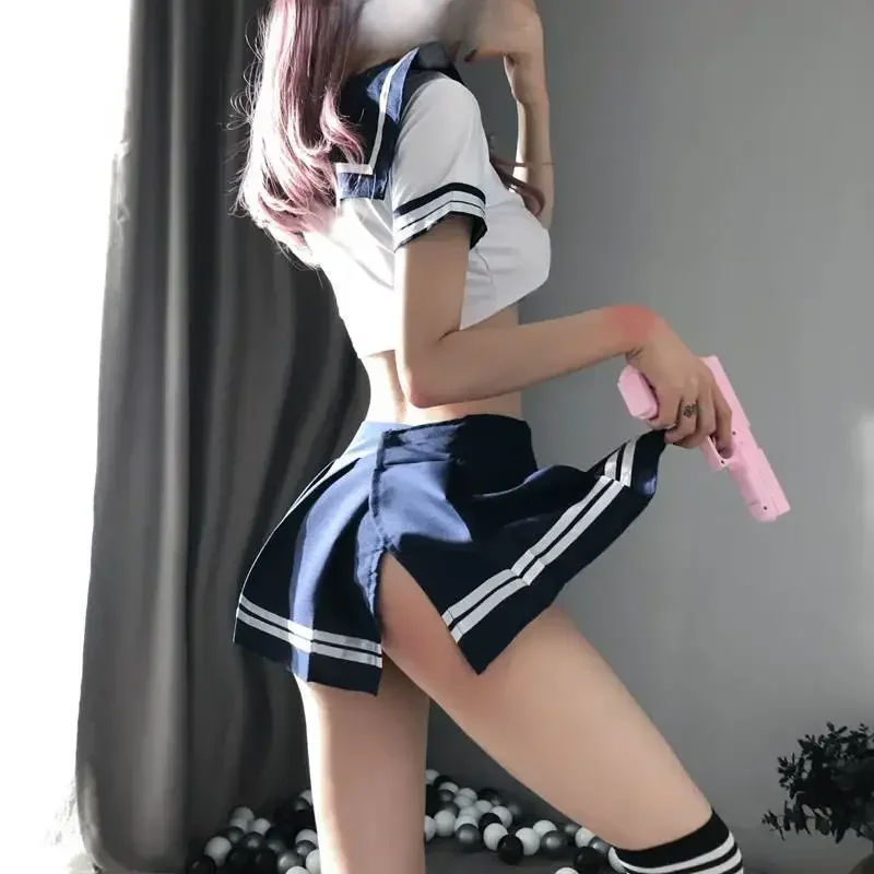 Plus Size Erotic Lingerie Woman Role Play Costume Girl JK Uniform Cosplay Set Hot Top 19 Crotchless Pleated Skirt Sexy Sleepwear