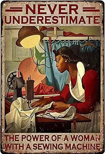 Retro New Metal Tin Sign Plate Black Woman with a Sewing Machine Plaque Bar Club Man Cave 12 X 8 in