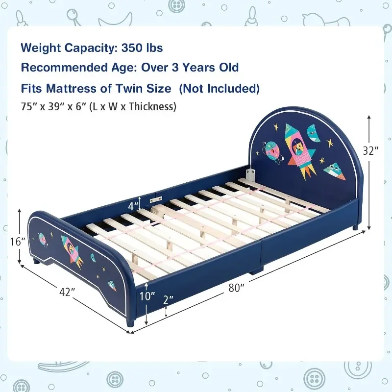 Costzon Twin Bed Frames for Kids, Wood Upholstered Twin Bed Platform with Slat Support, Padded Headboard&Footboard,No Box Spring