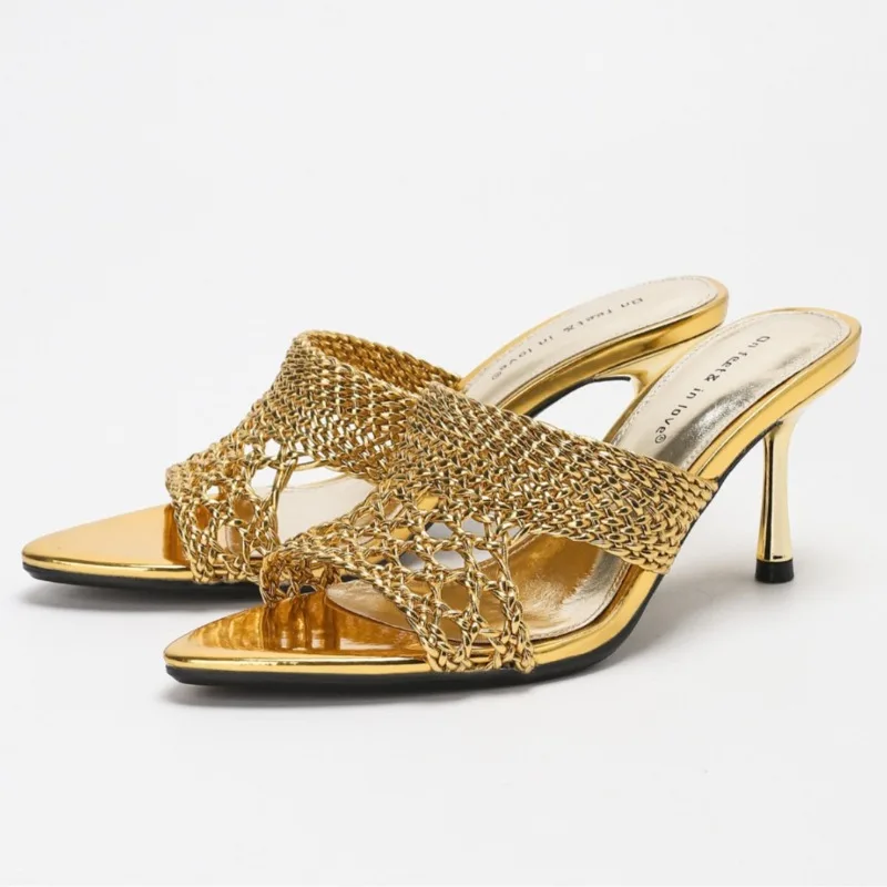 

Luxury Hollow Weaving Design Gold Slippers Women Fashion Pointy Toe Stiletto Sandals Sexy Open Toe Slide Sandal Zapatos De Mujer