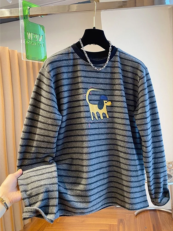 

Большие размеры 300, женская футболка в корейском стиле с мультяшным принтом Brued Striped Long Sve, свободный простой топ