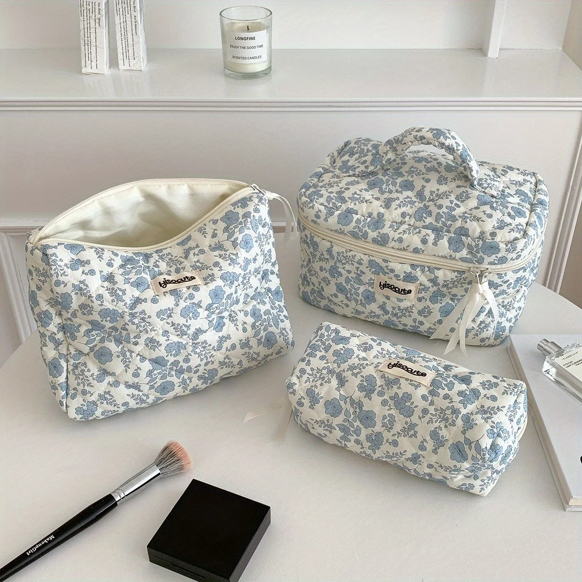 1pc, elegante padrão floral acolchoado saco de maquiagem-bolsa de armazenamento multifuncional, organizador de higiene pessoal portátil, saco de acessórios de viagem