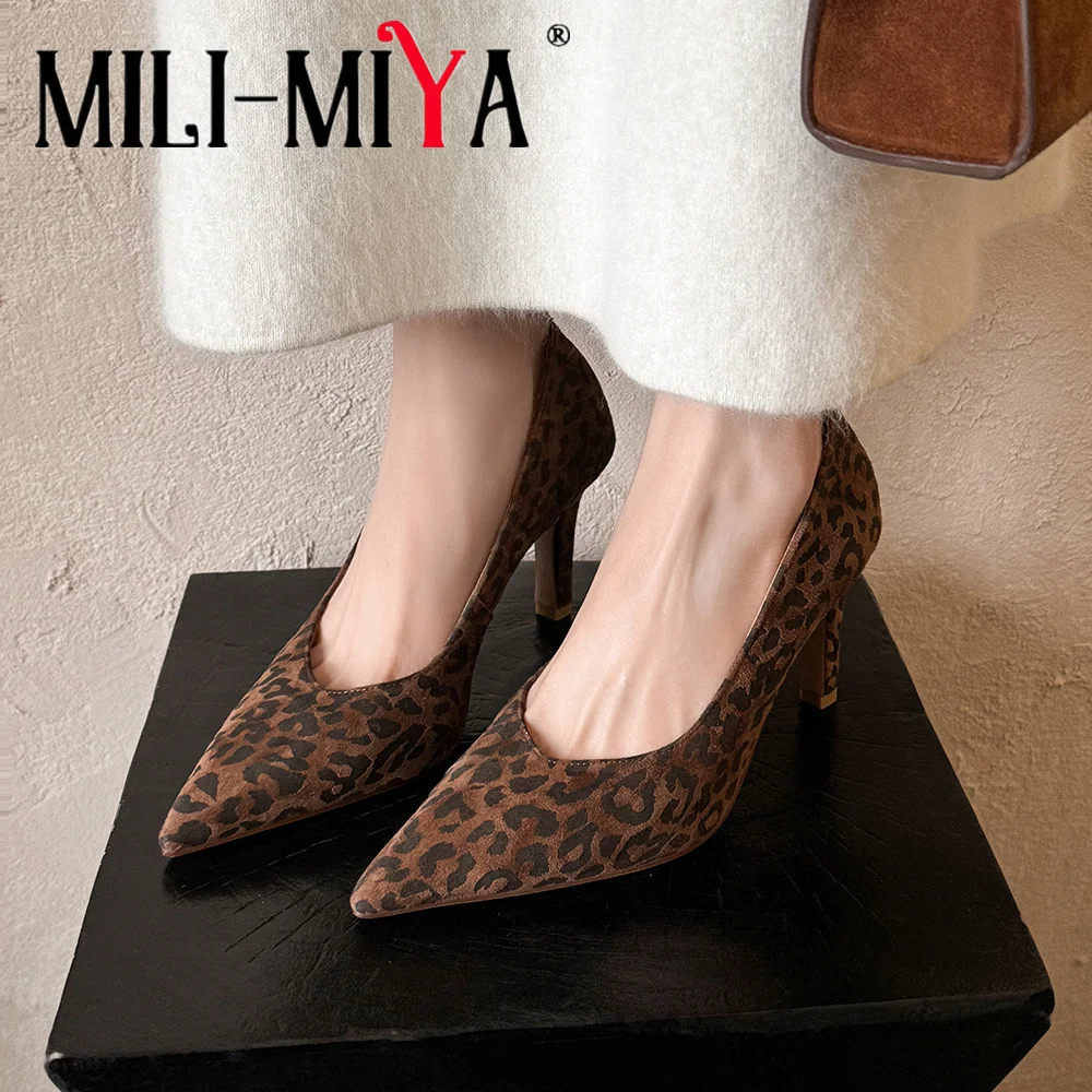 MILI-MIYA New Pointed-Toe Ultra-Thin Heel Leopard Print Pumps Kid Suede Slip On Dress Party Shoes Handmade For Ladies