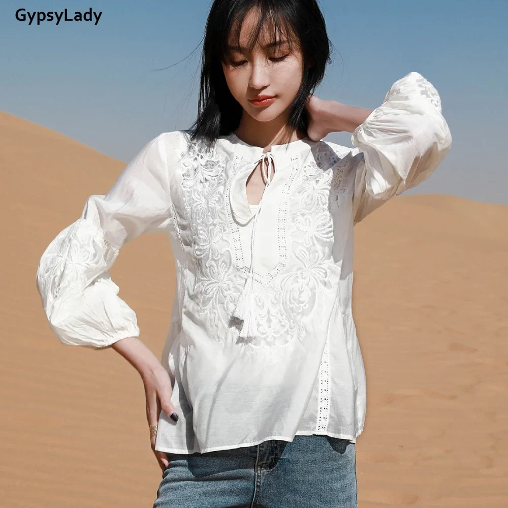 GypsyLady Floral Embroidery Silk Blouse Shirt 2 Piece Set White Lace Blouse Women Long Lantern Sleeve Sheer Sexy Chic Top Shirt