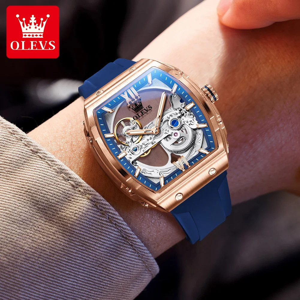 OLEVS 6779 Mens Watch Luxury Skeleton Original Automatic Mechanical Watch Silicone Strap Sports Watches For Man Gifts Box Reloj