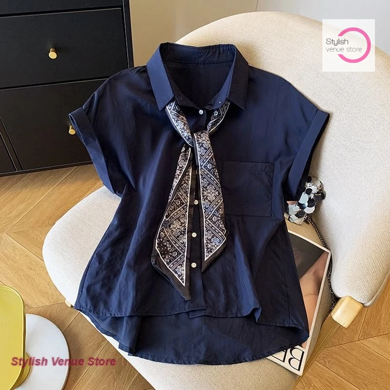 

Korean style simple solid color tie short sleeve female spring and summer new fashion temperament sweet casual Joker top.