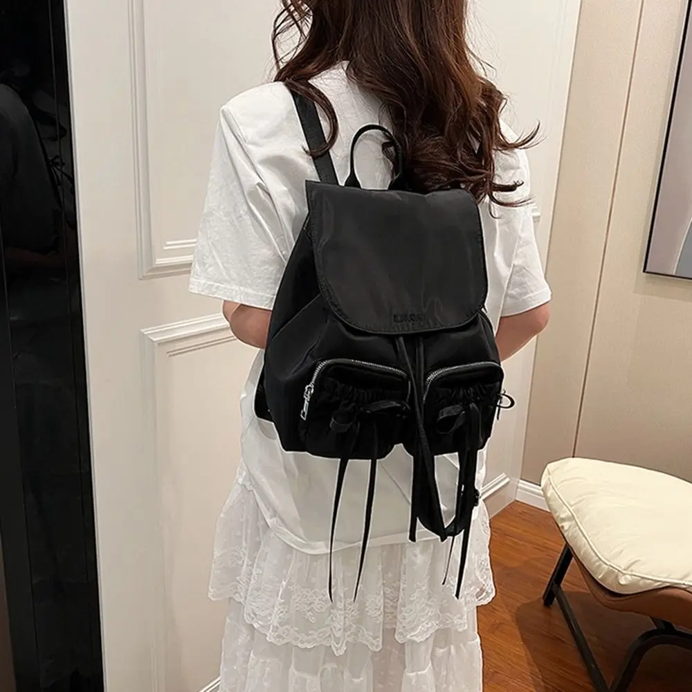 

Casual Korean Style Drawstring Backpack Bowknot Large Capacity Nylon Bag Ballet Style Solid Color Bow Shoulder Bag Girls