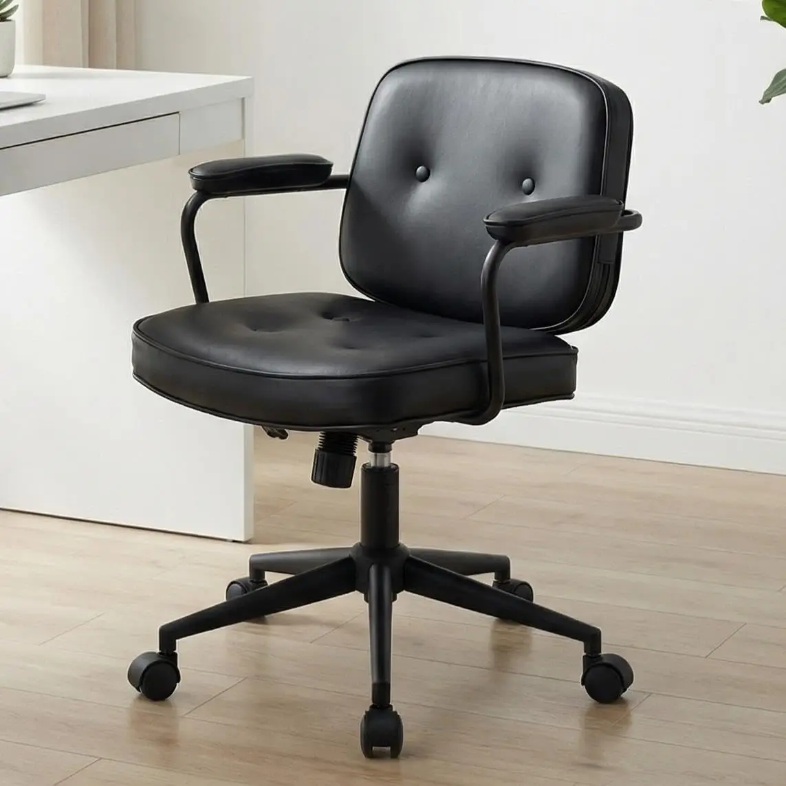 

Adjustable PU Leather Office Chair 360° Swivel Tilt Armrest Thickened Seat Button Tufted Home Office Black Customized