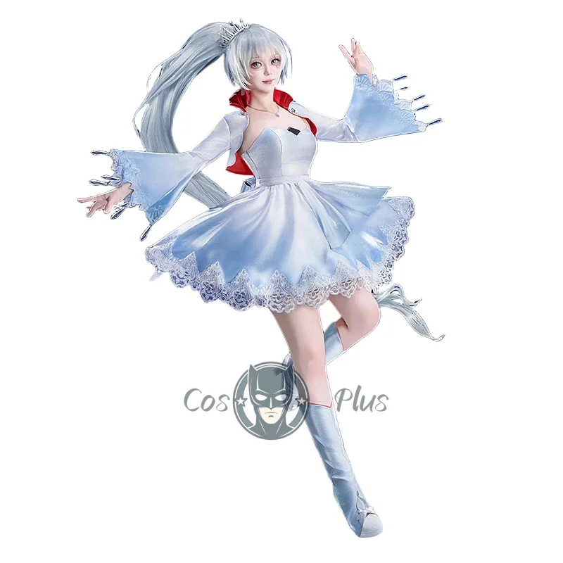 أزياء أنيمي RWBY Weiss Schnee التأثيرية فستان دانتيل متدرج أزرق وأبيض زي نسائي لحفلات الهالوين