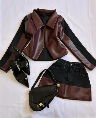 Traje vaquero de cuero con bloques de Color Vintage Y2K para mujer, chaqueta con cremallera marrón y falda negra, conjunto de moda de dos piezas con diseño de dos tonos