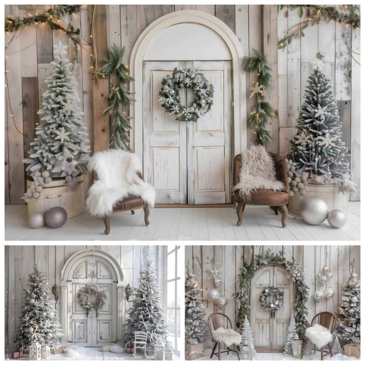 Whiter Christmas Backdrop Photography Indoor Wooden Board Xmas Tree Kids Family Portrait Photographic Background Photo Studio