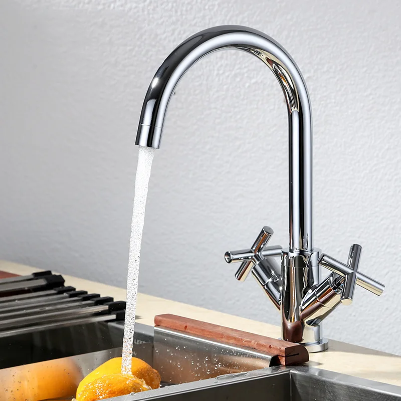 

Kitchen Faucet Dual Handle Cold and Hot Water Mixer Tap Sink Tap with 360 Swivel Spout Taps Deck Mounted