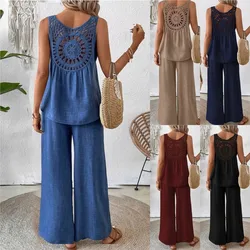 Women's Boho Beach Vacation Two Pieces Sets Tank Suit  New Fashion V-neck Back Hollow Lace Loose White Suit For Women Clothing