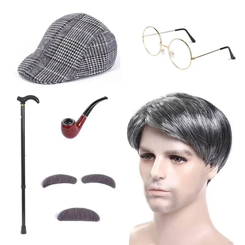 Perruque de cosplay de grand-mère, perruques argentées, cheveux courts bouclés, lunettes JO20, vieil homme, ply-play, imbibé, Charte, femme, accessoires de scène