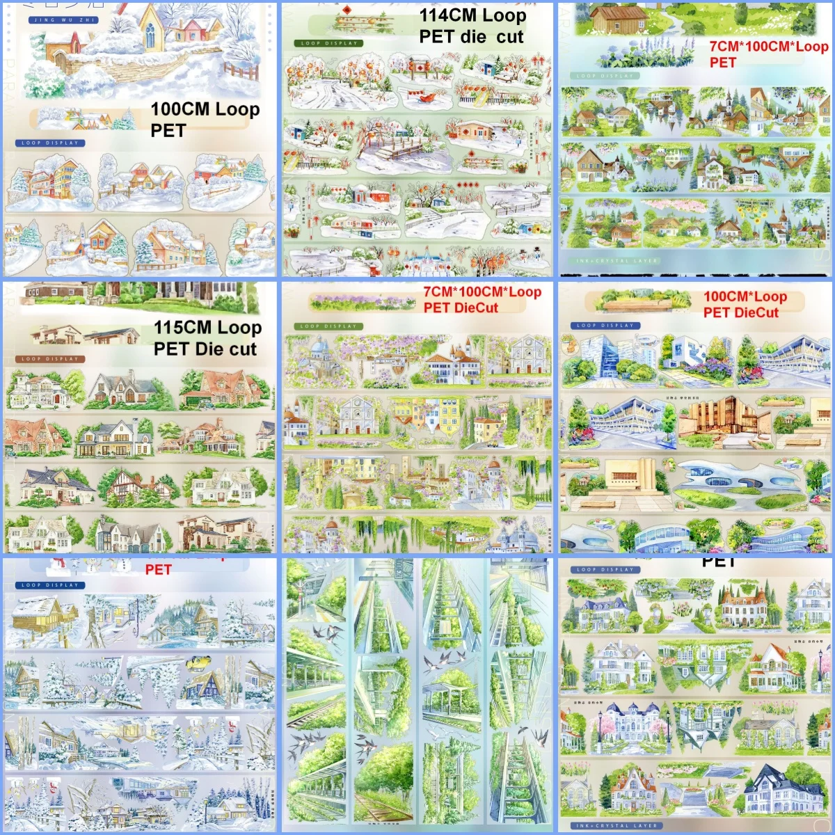 2026 New 1 Loop Sample Pet Washi Tape Spring Winter Scenery Snow Town & Rails Landscape DIY Sticker for Journaling, Crafts