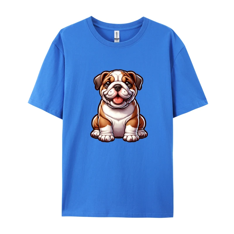 Cartoon Illustration Of A Happy Bulldog Puppy T-Shirt Dog Pure Cotton Men Top T-shirts Luxury Clothing Shirts Men Oversized