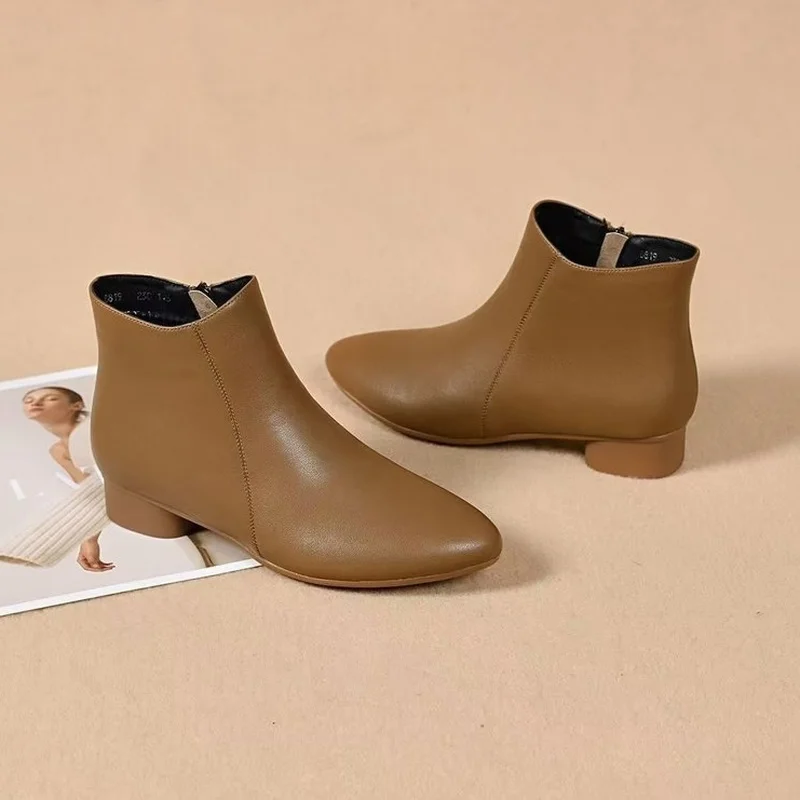 2026 New Women’s Ankle Boots Pointed Toe Low Heel Booties Side Zipper Minimalist Casual Dress Shoes Fall Winter