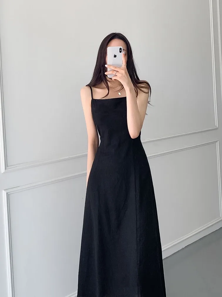 Summer Women's Cotton and Linen Slim Fit Dress Lace Up Camisole SkirtSimple Elegance Belted Waist Slimming High Waist Midi Dress