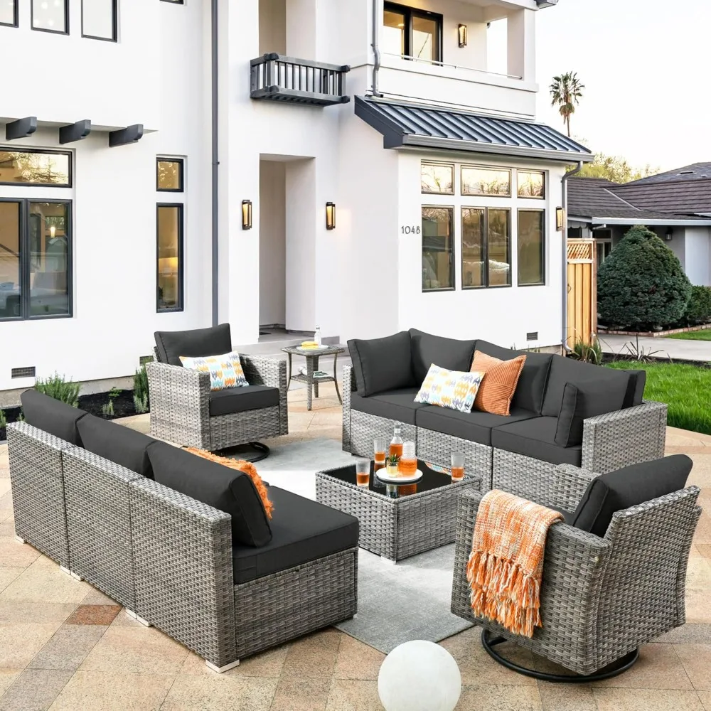 

Patio Furniture Set, 10 Piece Outdoor Sofa Couch with Rocker Swivel Chairs, Ottomans and Cushions, Wicker Rattan Sofa Set