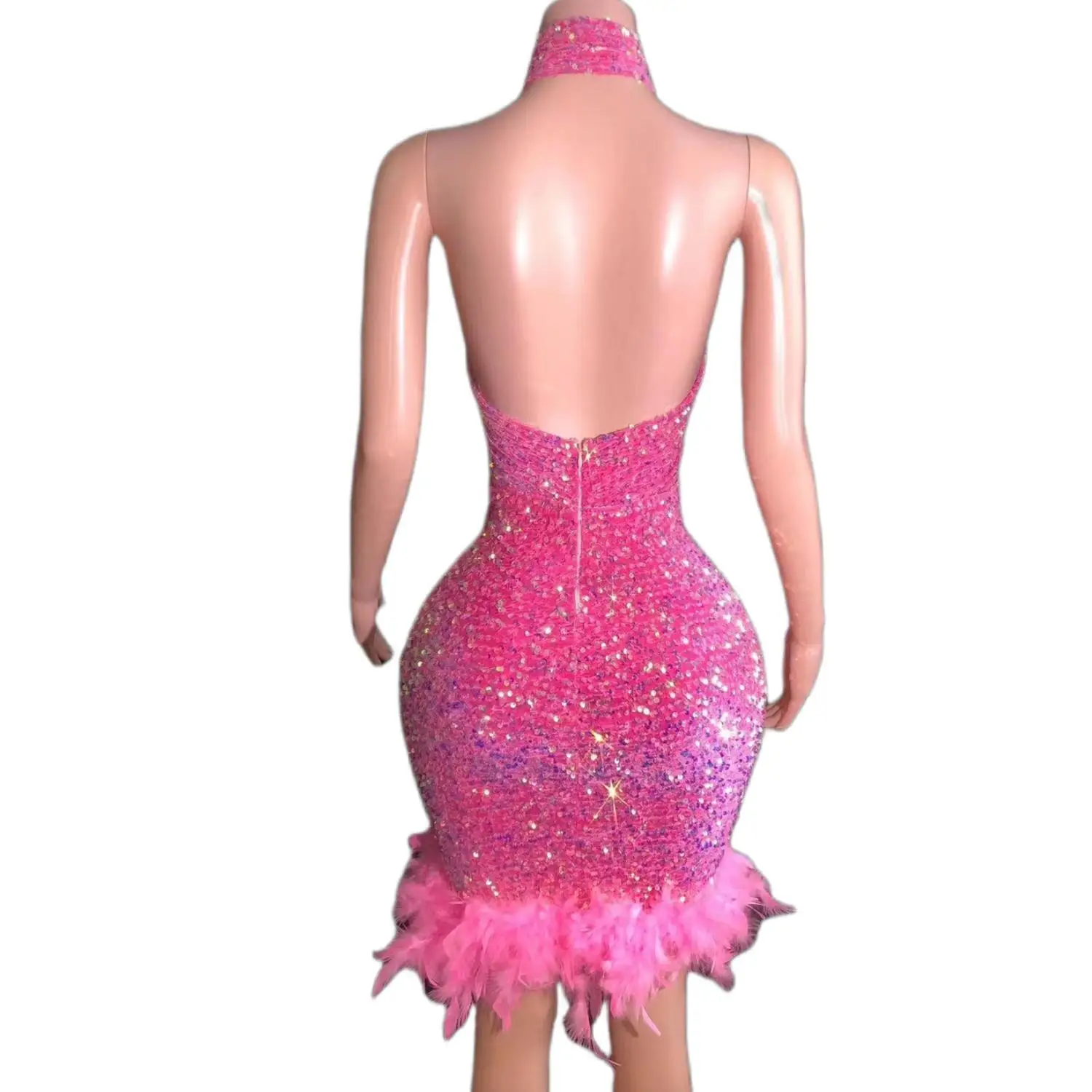 Vestido sexy com penas de lantejoulas para menina, mini vestidos curtos de baile, comemoração de aniversário, preto e rosa, Fenqiangwei