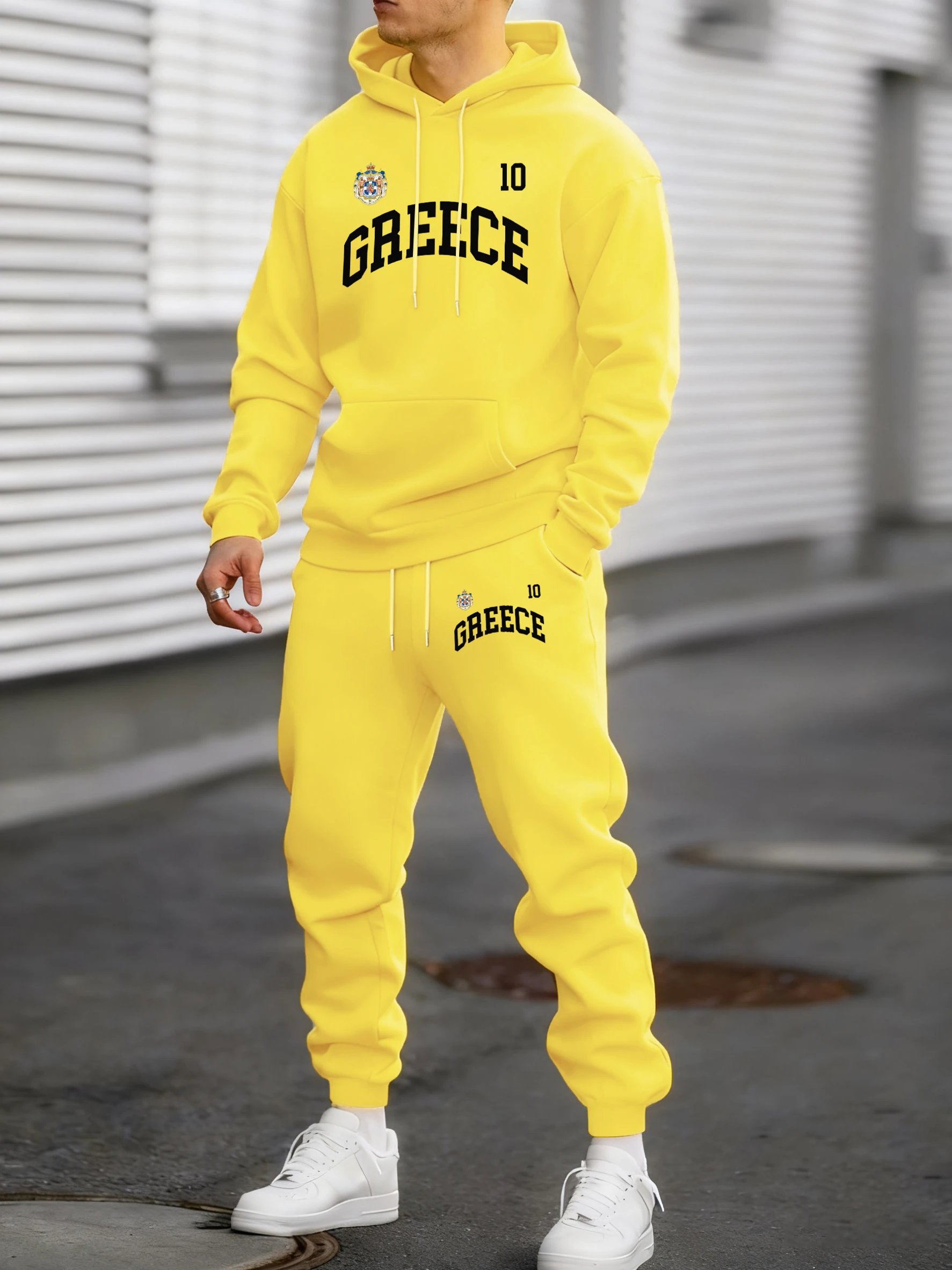 

Greece Emblem Prints Men Autumn Winter Fleece Hoody Sportpants 2 Piece Sets Loose Jogging Sportswear Comfy Street Sweatpant