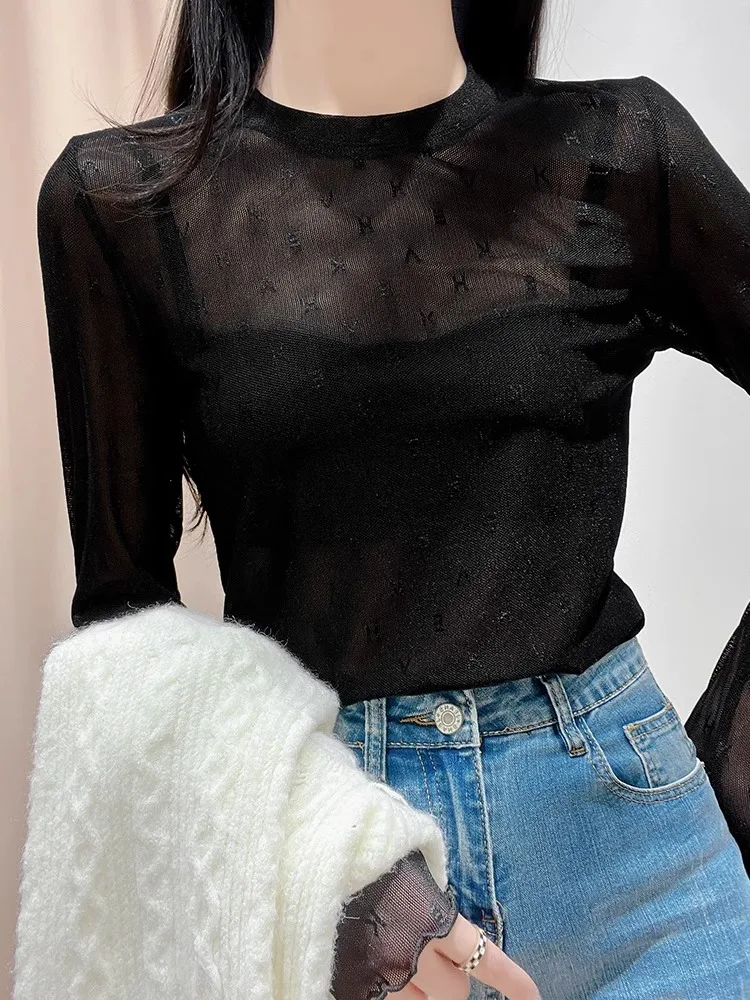 Biała koronkowa bazowa koszulka damska na lato, ochrona przed słońcem, siateczkowa bielizna, top.