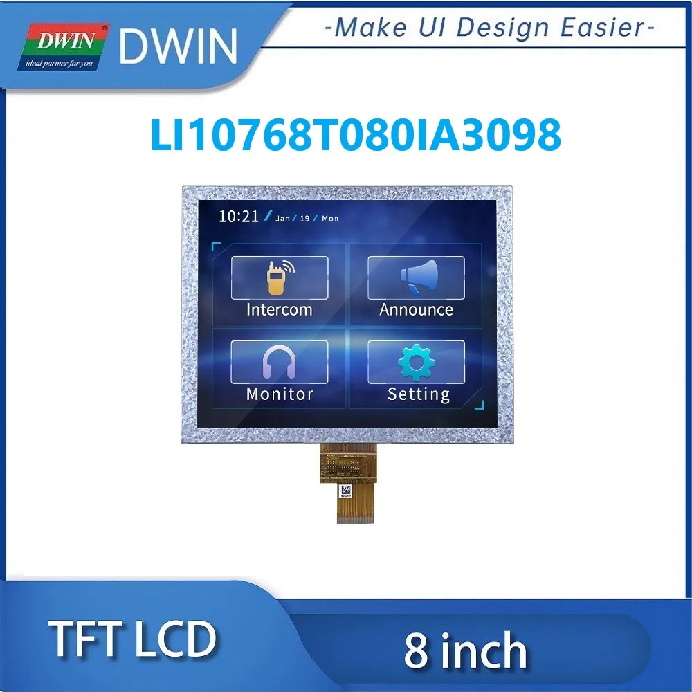 

DWIN 1024*768 Pixel 8 Inch IPS TFT LCD 300 Nit LVDS Interface HX8282-A11DPD300 Driver IC Industrial Grade LI10768T080IA3098