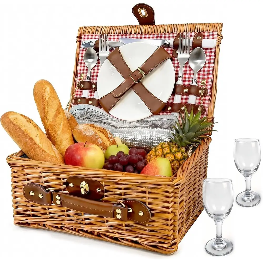 

Portable Wicker Picnic Basket with Cutlery and Glasses, Insulated Set for Outdoor Adventures