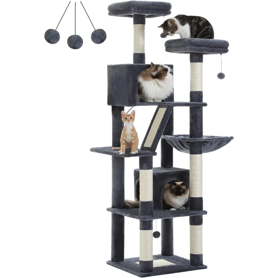 

70.9-inch Large Cat Tree with 2 Condos 2 Top Perches Hammock 6 Scratching Posts Designed for Indoor Cats Dark Gray Offers Ample